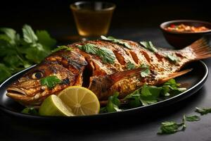 ganze Fisch mit ein gegrillt Haut arabisch Essen generativ ai foto