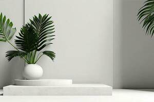 Weiß runden Podium mit ein Pflanze im es und ein Weiß Vase mit ein Grün Pflanze foto