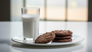 Foto von ein Glas von Milch mit Schokolade Kekse auf ein minimalistisch Tabelle
