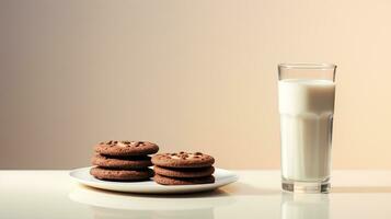 Foto von ein Glas von Milch mit Schokolade Kekse auf ein minimalistisch Tabelle