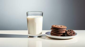 Foto von ein Glas von Milch mit Schokolade Kekse auf ein minimalistisch Tabelle