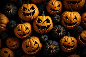 nahtlos Halloween Muster mit gespenstisch schwarz Kürbis Gesichter und festlich Orange Kürbislaternen foto