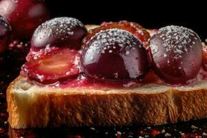Pflaume Toast, Makro Schuss von ein frisch Frühstück mit tropft Honig, ai generiert foto