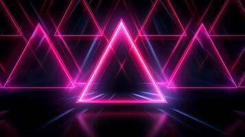 Hintergrund von geometrisch dreieckig Muster mit ein Neon- Licht . generativ ai foto