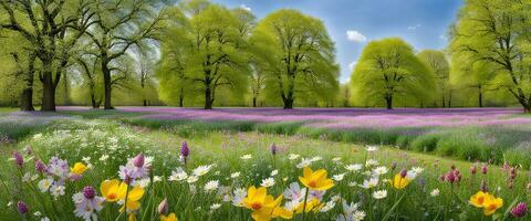 Landschaft Konzept Hintergrund schön Wiesen umgeben durch Blühen Blumen im Frühling erstellt mit ai generativ foto