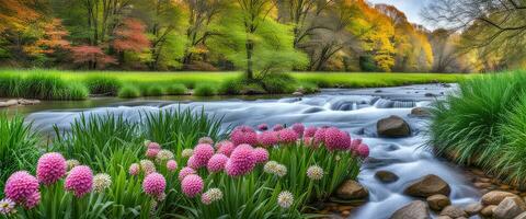 idyllisch Landschaft natürlich Fluss mit Blühen Blumen im das Vordergrund erstellt mit ai generativ foto