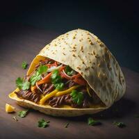 Tacos mit Bohnenkraut Fleisch und bunt Gemüse, authentisch Mexikaner Küche auf ein schwarz Hintergrund, ai generiert foto