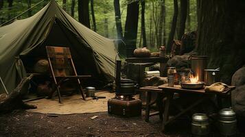 generativ ai, Camping draussen Konzept im neutral stumm geschaltet Farben, Tourist Lager foto