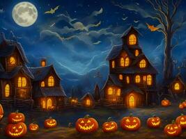 Halloween Nacht und Kürbis hintergrund.voll Mond und verfolgt Haus. ai generiert foto