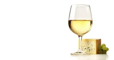 ein Glas von trocken Weiß Wein, dorblu Käse und Trauben auf ein Weiß Hintergrund mit ein Platz zu Kopieren. Vorderseite Sicht, Weiß Hintergrund. ai generiert. foto