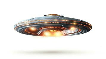 UFO auf ein Weiß Hintergrund. realistisch interplanetar Schiff. ein fliegend Untertasse. futuristisch technologisch Konzept. Transport von das Zukunft. ai generiert. foto