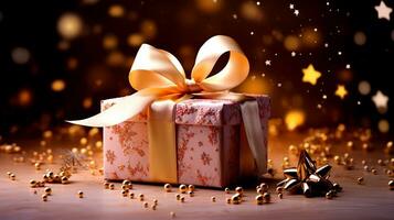 Geschenk Box mit golden Bogen auf Bokeh Hintergrund. Rosa handgemacht Geschenk. Weihnachten und Neu Jahr Konzept. ai generiert. foto