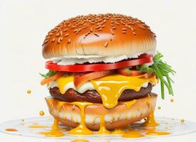 köstlich Burger mit lecker Zutaten und käsig Spritzen Soße auf Weiß Hintergrund, ai generiert foto