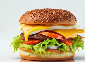 köstlich Burger mit lecker Zutaten und käsig Spritzen Soße auf Weiß Hintergrund, ai generiert foto