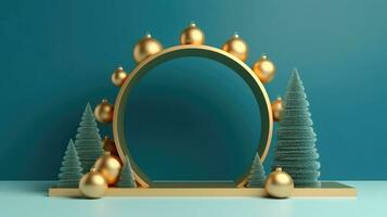atemberaubend 3d machen von Blau Podium mit Gold Bogen Weihnachten Baum Dekorationen, ai generiert foto