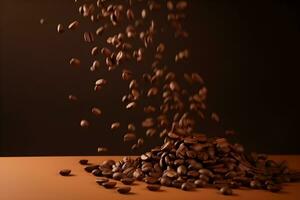 fliegend fallen Kaffee Bohnen auf braun Hintergrund foto