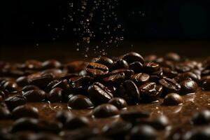Kaffee Bohnen fallen in ein Spritzen von Schokolade auf ein schwarz Hintergrund foto