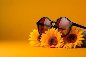 Sonnenbrille und Sonnenblumen auf Gelb Hintergrund mit Exemplar. generativ ai foto