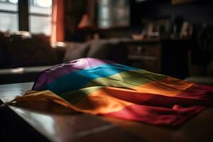 ein Regenbogen farbig Flagge auf ein Tabelle im ein dunkel Zimmer foto
