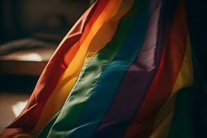 ein Regenbogen farbig Flagge auf ein Tabelle im ein dunkel Zimmer foto