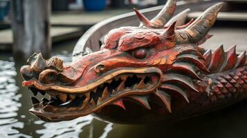 ein hölzern Drachen Kopf von Drachen Boot foto