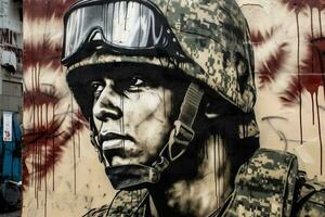 ein Straße Kunst Wandgemälde Graffiti Gemälde von ein Soldat mit ein Helm auf das Mauer foto