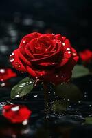 ein rot Rose Blume mit Wasser fallen im dunkel Thema generativ ai foto