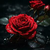 ein rot Rose Blume mit Wasser fallen im dunkel Thema generativ ai foto