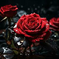 ein rot Rose Blume mit Wasser fallen im dunkel Thema generativ ai foto