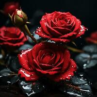 ein rot Rose Blume mit Wasser fallen im dunkel Thema generativ ai foto