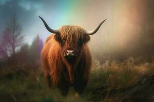 Hochland Kuh Regenbogen. generieren ai foto