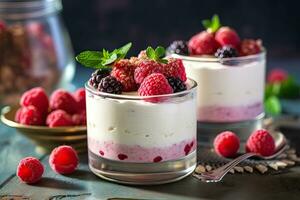 Scheibe von Himbeere Käsekuchen auf ein Platte, ai generiert foto