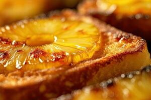 Ananas Toast, Makro Schuss von ein frisch Frühstück mit tropft Honig, ai generiert foto