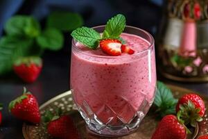 appetitlich hausgemacht Erdbeere Smoothie im Glas, generativ ai foto