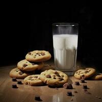 Gluten-frei Schokolade Ersatz Kekse auf das Tabelle und laktosefrei Milch im ein Glas. Milch und Kekse auf ein hölzern Tisch. rustikal Frühstück. ai generiert. foto