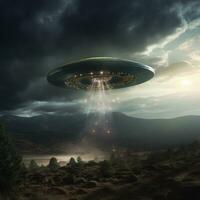 UFO fliegend Über das Wald beim Nacht. Raumschiff Außerirdischer Himmel. foto