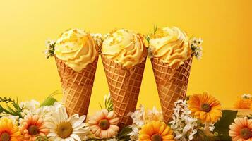 Eis Sahne Zapfen mit Blumen auf ein Gelb Hintergrund. Sommer- positiv Banner. foto