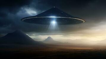 UFO fliegend im das Nacht Himmel. Wüste Land und ufos. foto