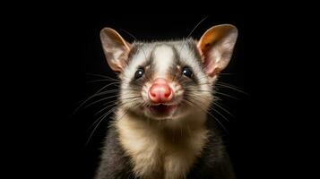 Studio Porträt von ein lächelnd Opossum auf ein schwarz Hintergrund. generativ ai foto