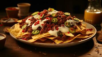 Nachos. knusprig Tortilla Chips gekrönt mit geschmolzen Cheddar Käse, Salsa. ai foto