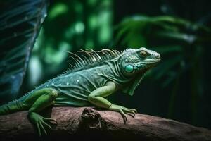 Grün Leguan Wald Raubtier. generieren ai foto