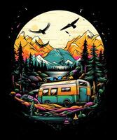 Berg Sommer- Camping T-Shirt Design Hintergrund foto