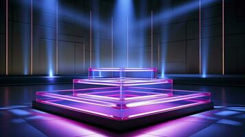 Neon- Podium im hell psychedelisch Farben mit Hintergrundbeleuchtung. im y2k Stil. ai generiert foto