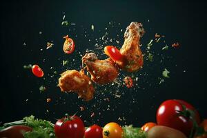 fliegend Elemente von gebraten Hähnchen mit Tomaten und Petersilie, generativ ai foto