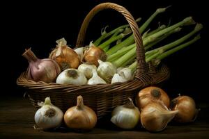 nahrhaft Korb Zwiebel Knoblauch. generieren ai foto