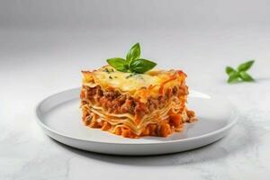 Rindfleisch Lasagne Essen mit Basilikum. generieren ai foto