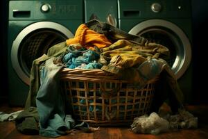 Korb schmutzig Kleider und Handtücher. generieren ai foto
