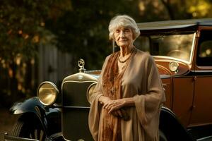 zeitlos amerikanisch alt Frau Auto 1920 Jahr. generieren ai foto