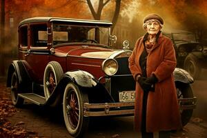 Jahrgang amerikanisch alt Frau Auto 1920 Jahr. generieren ai foto