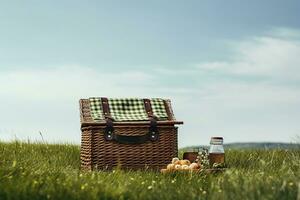 Wochenende Familie Picknick Korb im ein Grün Feld, generativ ai foto